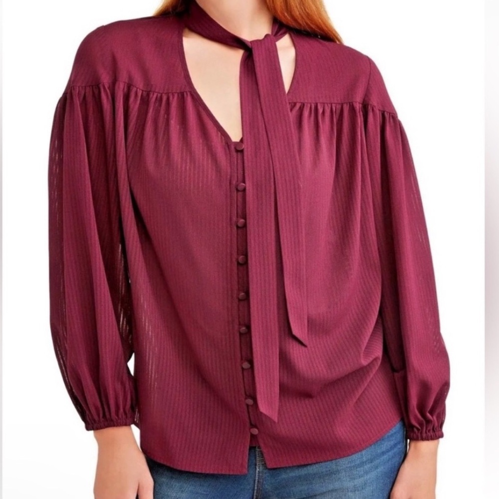 NEW Burgundy Puff Sleeve Blouse with Tie Front and Bishop Sleeve Size XL